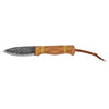 condor cavelore knife, 1095 high carbon steel scandi grind fixed blade, burnt american hickory handle bushcraft knife, forged flint texture primitive style knife, camp carving knife with leather sheath