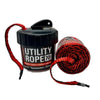 A spool of red and black woven utility rope with a black plastic cap, shown alongside a loose section of the same rope on a plain white background.