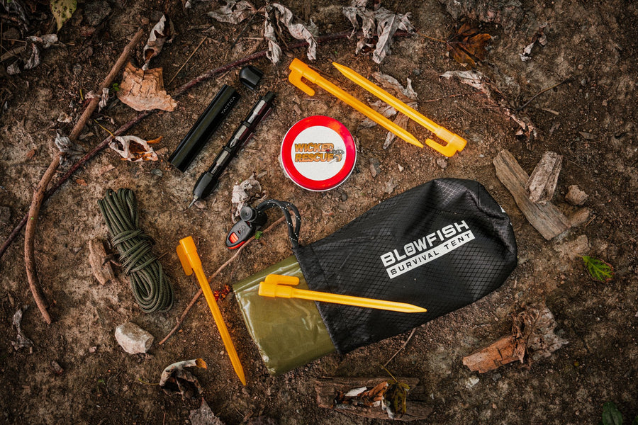 Dry bag, stakes and cord on the forest floor