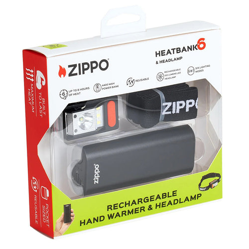 Zippo HeatBank 6 Rechargeable Hand Warmer + Headlamp Gift Set