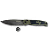 Real Steel Huginn Prime folding knife open, DLC coated Nitro-V drop point blade with green G10 handle