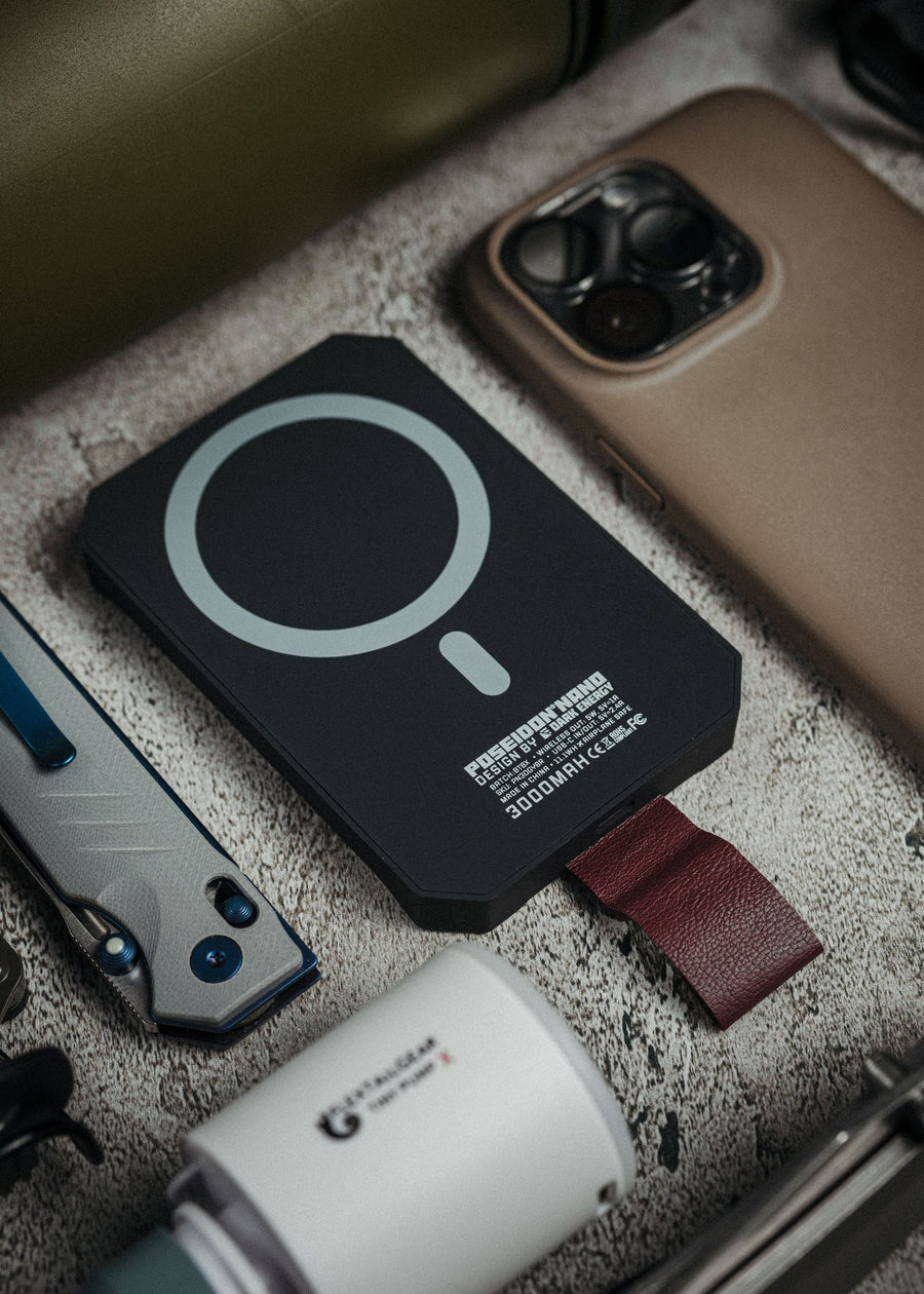 Phone, MagSafe battery, folding tool and bottle